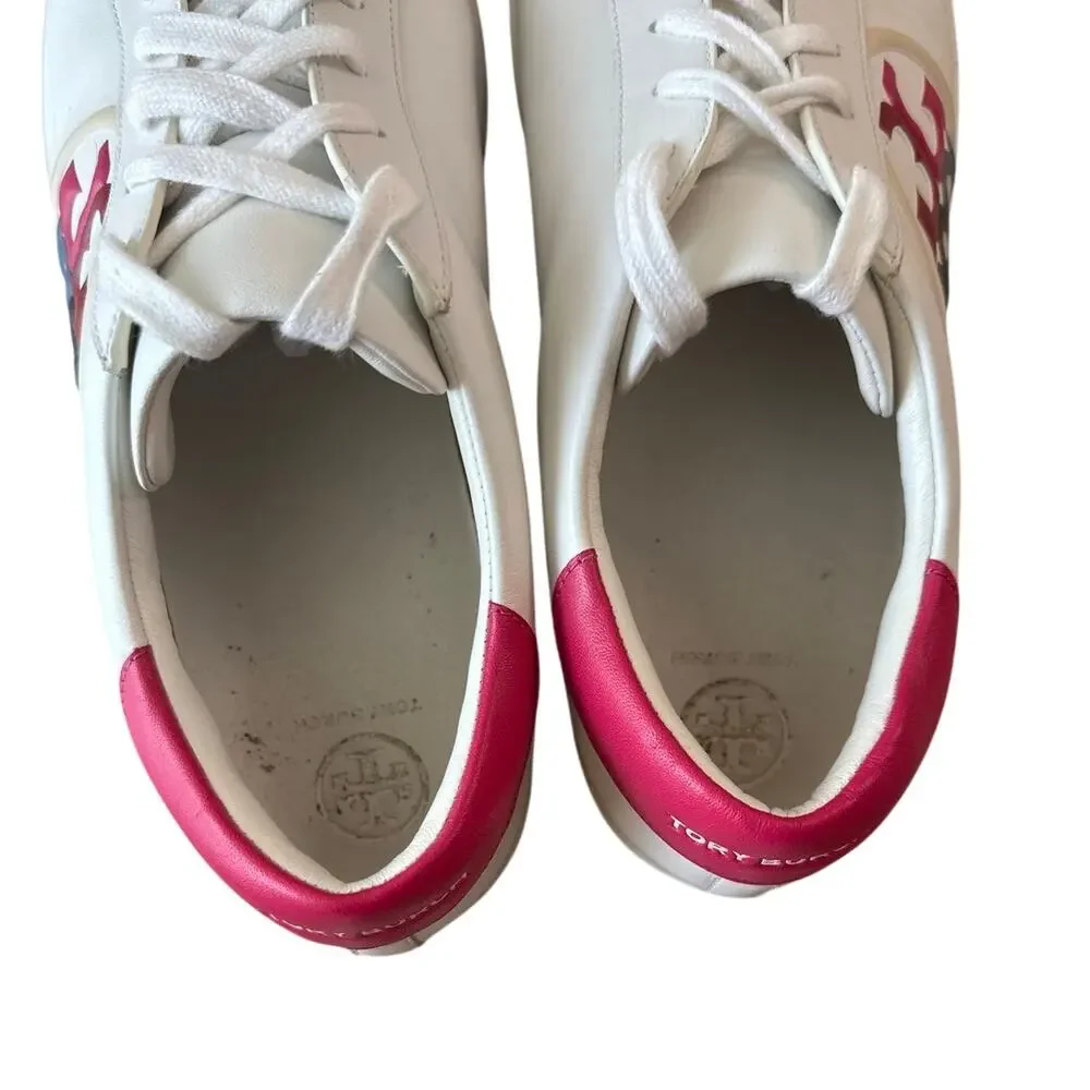 Tory Burch Leigh‎ T Logo Sneakers White Azalea Pink Size 10